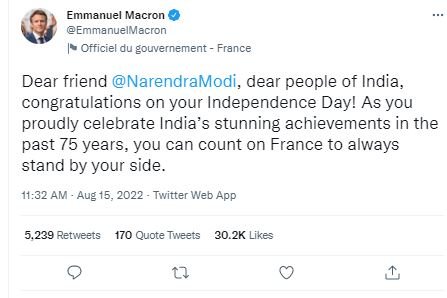 French President Emmanuel Macron congratulates India on its Independence Day